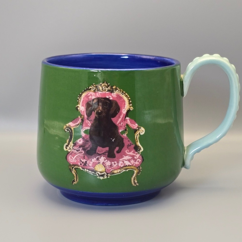 Anthropologie Raphael Balme Dachshund Mug Green Pink Chair Ceramic Coffee Cup